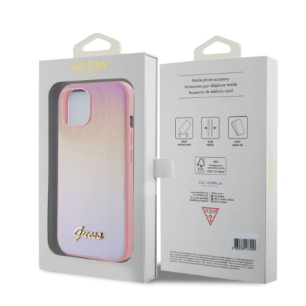 Guess PU Leather Iridescent Metal Script Zadní Kryt pro iPhone 15 Pink, GUHCP15SPSAIRSP