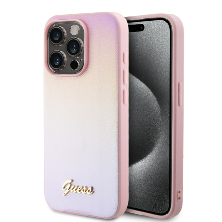 Guess PU Leather Iridescent Metal Script Zadní Kryt pro iPhone 15 Pro Pink, GUHCP15LPSAIRSP