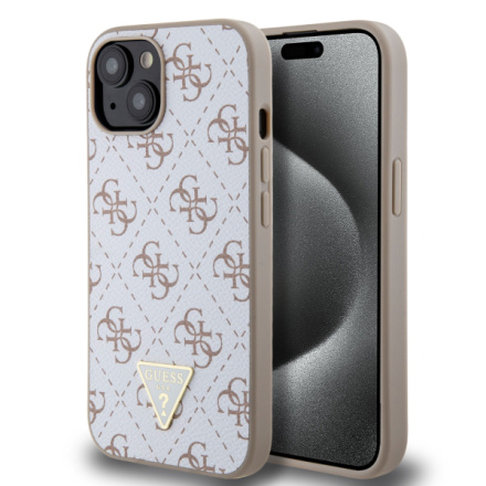 Guess PU Leather 4G Triangle Metal Logo Zadní Kryt pro iPhone 15 White, GUHCP15SPG4GPH