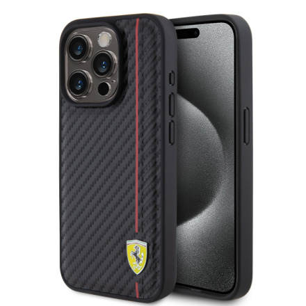 Ferrari PU Leather Carbon Vertical Red Line Zadní Kryt pro iPhone 15 Pro Black, FEHCP15LN3DUR