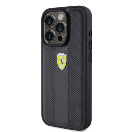 Ferrari PU Leather Hot Stamp Groove Pattern Zadní Kryt pro iPhone 15 Pro Black, FEHCP15LP3GRK