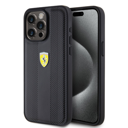 Ferrari PU Leather Hot Stamp Groove Pattern Zadní Kryt pro iPhone 15 Pro Max Black, FEHCP15XP3GRK