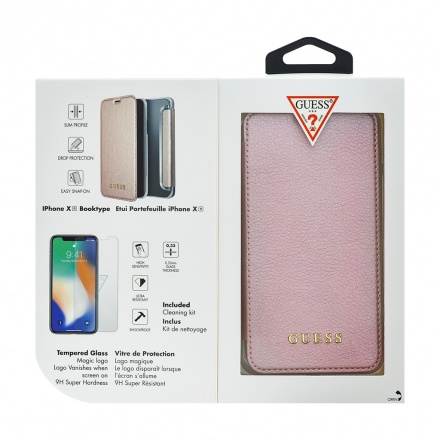 GUBPBKTI61IRG Guess Bundle Leather Book Case Iridescent Rose Gold + Tempered Glass pro iPhone XR, 2442394