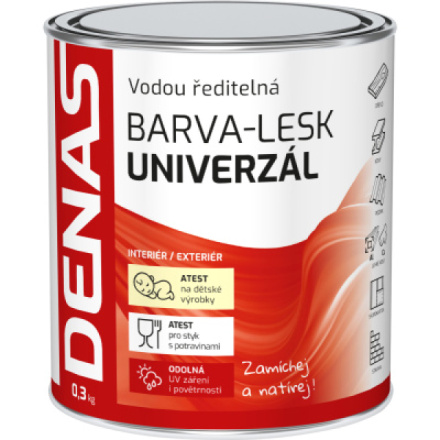 DENAS UNIVERZÁL-LESK vrchní barva na dřevo, kov a beton, 0100 bílá, 0,3 kg