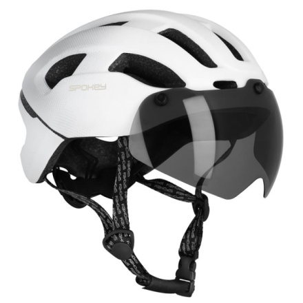 Spokey POINTER SPEED Cyklistická přilba s LED blikačkou a ochranným odnímatelným štítem IN-MOLD, 55-58 cm, bílá, 5905339412638