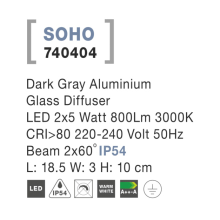 Svítidlo Nova Luce SOHO WALL GREY 2 nástěnné, IP 54, 2x5 W, 740404