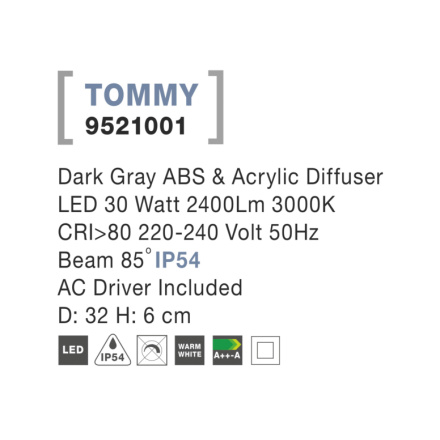 Svítidlo Nova Luce TOMMY R TOP GREY stropní, IP 54, 30 W, 9521001
