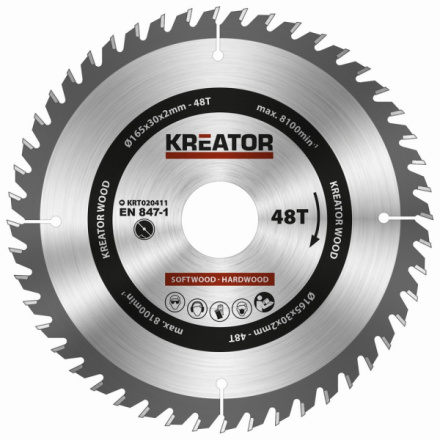 Pilový kotouč Kreator KRT020411 na dřevo 165mm, 48T , KRT020411