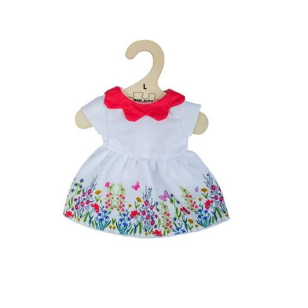 Hračka Bigjigs Toys Bílé květinové šaty s červeným límečkem pro panenku 38 cm, BJD544