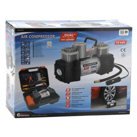 Kompresor 12V DUAL 2 písty se světlem + sada na opravu pneu, 07197