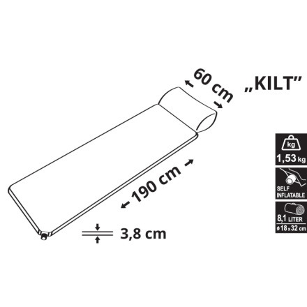 Karimatka samonafukovací 190x60x3,8cm s polštářem KILT, 13329