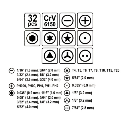Šroubovák hodinářský + bity 32 ks CrV, TO-64396