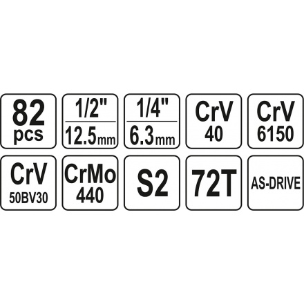 Gola sada 1/2", 1/4" + příslušenství 82 ks, YT-12691