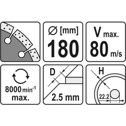 Kotouč řezný diamantový 180 x 22,2 x 2,5 mm, YT-6004