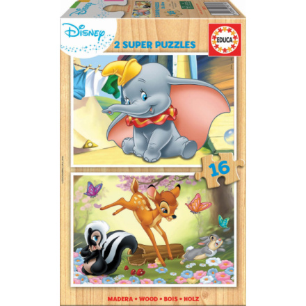 EDUCA Dřevěné puzzle Dumbo a Bambi 2x16 dílků 126066