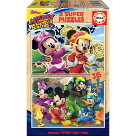 EDUCA Dřevěné puzzle Mickey, Minnie a závodníci 2x16 dílků 133138