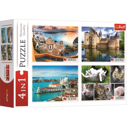 TREFL Puzzle Santorini, Benátky, Zámek Sully-sur-Loire a Kočky 4x1000 dílků 146917