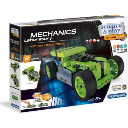 CLEMENTONI Science&Play Mechanická laboratoř 2v1 Hot Rod a Race Truck 149132