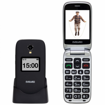 EVOLVEO EasyPhone FP, vyklápěcí mobilní telefon 2.8" pro seniory s nabíjecím stojánkem (černá), EP-770-FPB