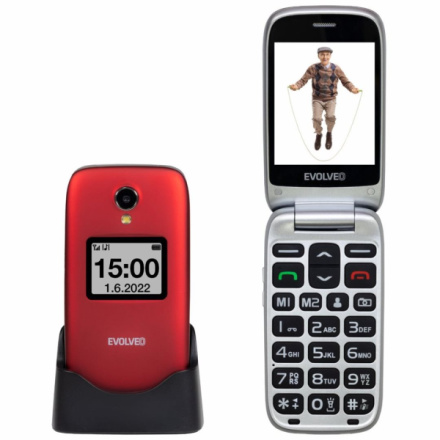 EVOLVEO EasyPhone FS, vyklápěcí mobilní telefon 2.8" pro seniory s nabíjecím stojánkem (červená barv, EP-771-FSR
