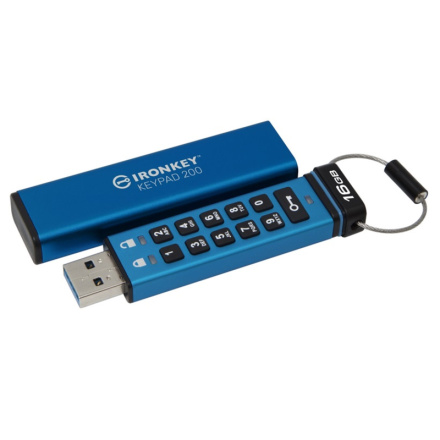 Kingston IronKey Keypad 200/16GB/USB 3.2/USB-A/Modrá, IKKP200/16GB