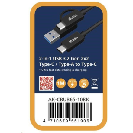 AKASA - 2v1 USB 3.2 Gen 2 Type-C/A na Type-C, 1m, AK-CBUB65-10BK