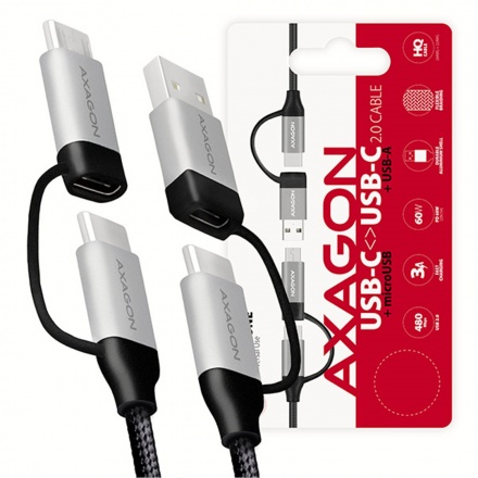 AXAGON BUCMM-CAM10, 4in1 kabel USB-C/Micro USB <-> USB-C/USB-A, 1m, 3A, PD 60W, BUCMM-CAM10