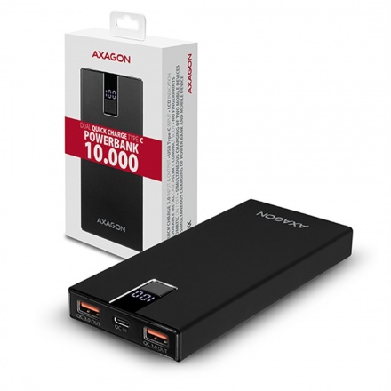 AXAGON PWB-L10QC, ALU SLIM Powerbanka Li-pol 10000mAh, 2x QC3.0 výstup, USB-C PD vstup/výstup, LCD d, PWB-L10QC