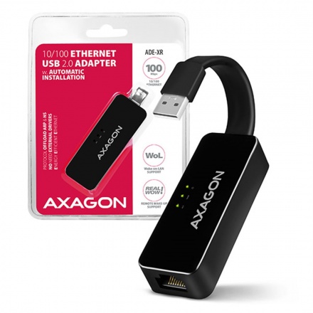 AXAGON ADE-XR, USB 2.0 - Fast Ethernet síťová karta, auto instal, černá, ADE-XR