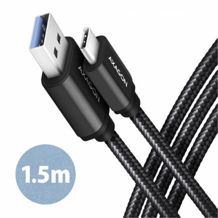 AXAGON BUCM3-AM15AB, SPEED kabel USB-C <-> USB-A, 1.5m, USB 3.2 Gen 1, 3A, ALU, oplet, černý, BUCM3-AM15AB