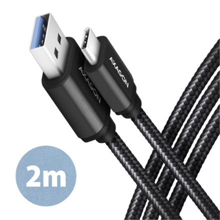 AXAGON BUCM3-AM20AB, SPEED kabel USB-C <-> USB-A, 2m, USB 3.2 Gen 1, 3A, ALU, oplet, černý, BUCM3-AM20AB