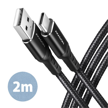 AXAGON BUCM-AM20AB, HQ kabel USB-C <-> USB-A, 2m, USB 2.0, 3A, ALU, oplet, černý, BUCM-AM20AB