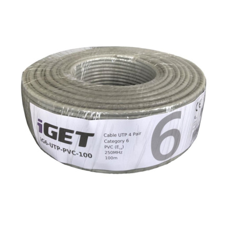 Instalační kabel iGET CAT6 UTP PVC Eca 100m/box, kabel drát, s třídou reakce na oheň Eca, iG6-UTP-PVC-100
