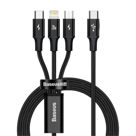 Baseus datový kabel USB-C Rapid Series 3v1 microUSB+Lightning+USB-C 1,5m PD 20W černý, 6953156204294
