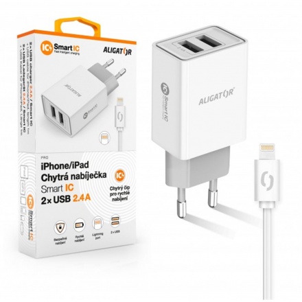 ALIGATOR Chytrá síťová nabíječka 2,4A, 2xUSB, smart IC, bílá, USB kabel pro iPhone/iPad, CHA0036 - neoriginální
