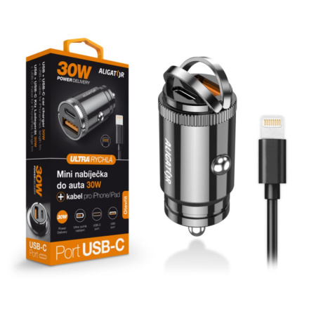 Aligator mini nabíječka do auta Power Delivery 30W,USB-C + USB-A, USB-C kabel pro iPhone/iPad, CHPD0008