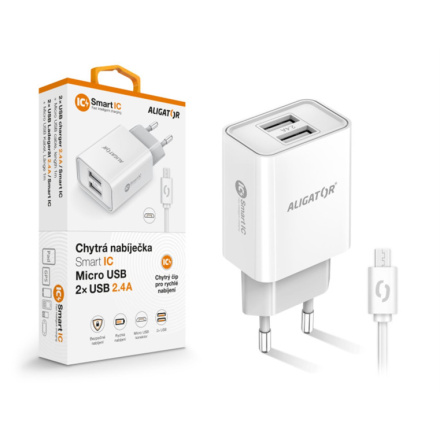 Chytrá síťová nabíječka ALIGATOR 2,4A, 2xUSB, smart IC, bílá, micro USB kabel, CHA0041