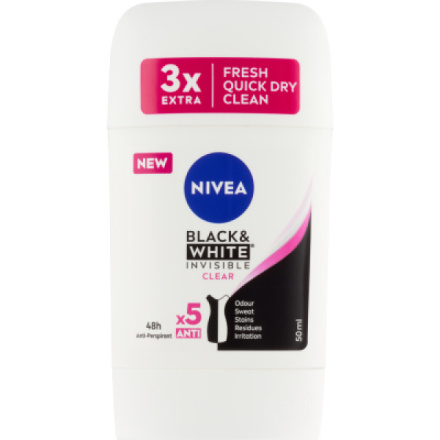 Nivea Black & White Invisible Clear tuhý antiperspirant, 50 ml deostick