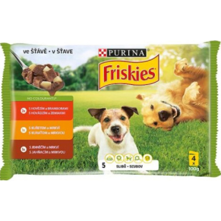 Friskies kapsičky pro psy hovězí, kuře, jehně ve šťávě 4× 100 g