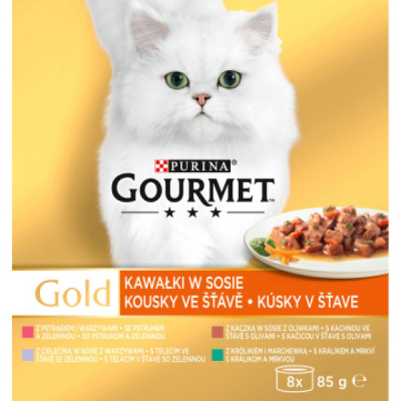 Purina Gourmet Gold pro kočky, kachna s olivami, pstruh se zeleninou, králík s mrkví, telecí, 8x85 g