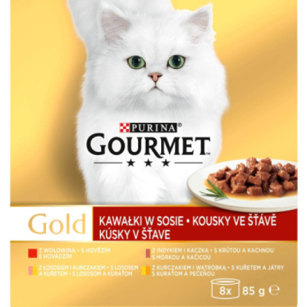 Purina Gourmet Gold pro kočky, hovězí, krůta s kachnou, losos s kuřetem, kuře s játry, 8x85 g