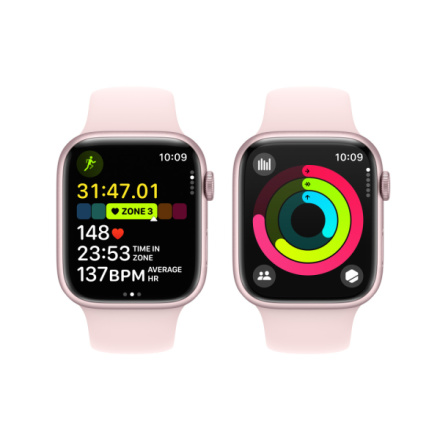 Apple Watch Series 9 45mm Růžový hliník se světle růžovým sportovním řemínkem - S/M MR9G3QC/A