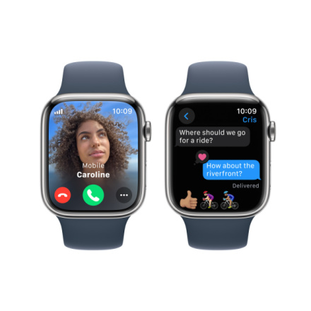 Apple Watch Series 9 45mm Cellular Stříbrný nerez s ledově modrým sportovním řemínkem - S/M MRMN3QC/A