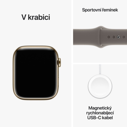 Apple Watch Series 9 45mm Cellular Zlatý nerez s jílově šedým sportovním řemínkem - S/M MRMR3QC/A