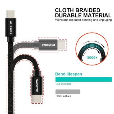 SWISSTEN Textile USB-C, datový kabel, šedý, 1,2 m 71521202
