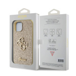 Guess PU Fixed Glitter 4G Metal Logo Zadní Kryt pro iPhone 15 Gold, GUHCP15SHG4SGD