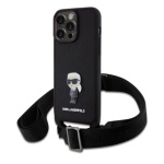 Karl Lagerfeld Saffiano Crossbody Metal Ikonik Zadní Kryt pro iPhone 15 Pro Max Black, KLHCP15XSASKNPBK