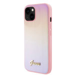 Guess PU Leather Iridescent Metal Script Zadní Kryt pro iPhone 15 Pink, GUHCP15SPSAIRSP