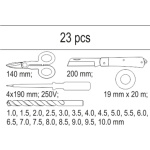 Vložka do zásuvky - izol. páska, zkoušečka, nůžky, montážní nůž, sada vrtáků 1-10mm, YT-55471