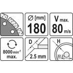 Kotouč řezný diamantový 180 x 22,2 x 2,5 mm, YT-6004